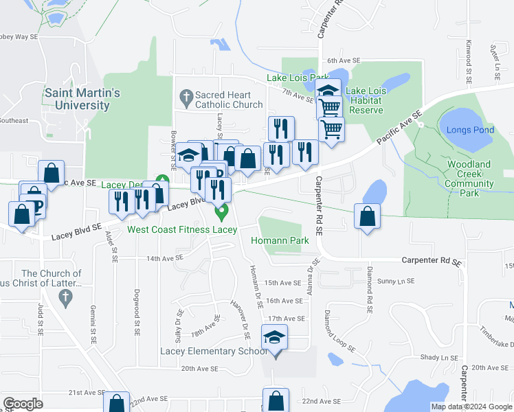 map of restaurants, bars, coffee shops, grocery stores, and more near 6010 Glen Mary Drive Southeast in Lacey