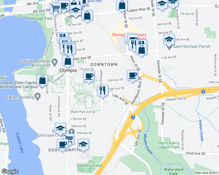 map of restaurants, bars, coffee shops, grocery stores, and more near 526 14th Avenue Southeast in Olympia