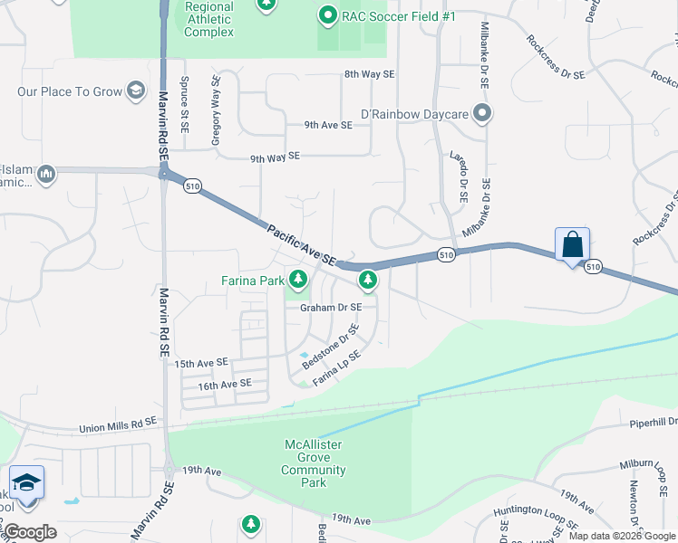 map of restaurants, bars, coffee shops, grocery stores, and more near 1326 Farina Loop Southeast in Olympia