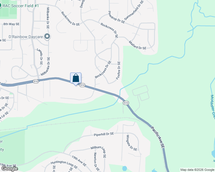 map of restaurants, bars, coffee shops, grocery stores, and more near 1640 Foxfire Drive Southeast in Olympia