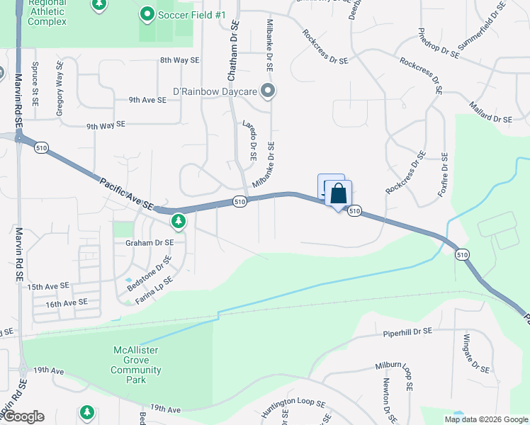 map of restaurants, bars, coffee shops, grocery stores, and more near 8730 Milbanke Drive Southeast in Olympia