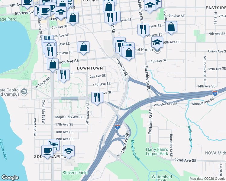 map of restaurants, bars, coffee shops, grocery stores, and more near 716 14th Avenue Southeast in Olympia