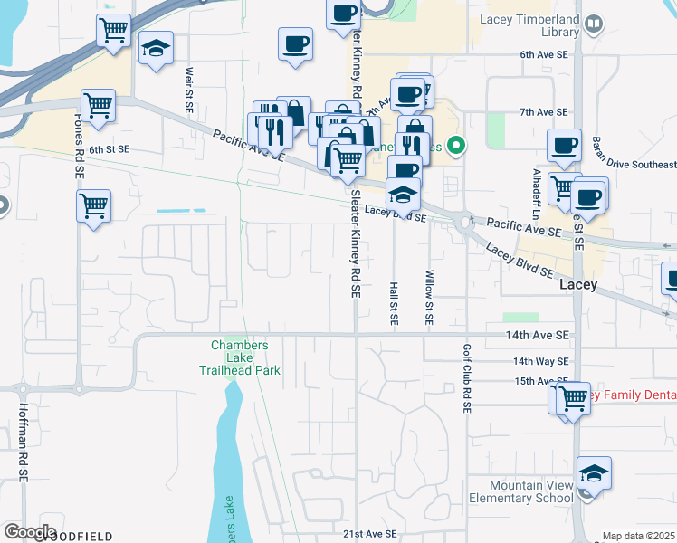 map of restaurants, bars, coffee shops, grocery stores, and more near 1211 Boone Street Southeast in Lacey