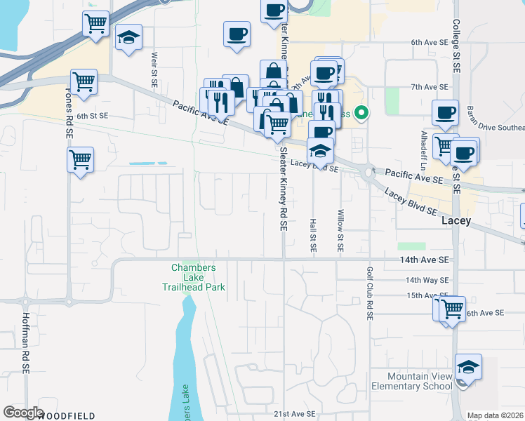 map of restaurants, bars, coffee shops, grocery stores, and more near 1211 Boone Street Southeast in Lacey