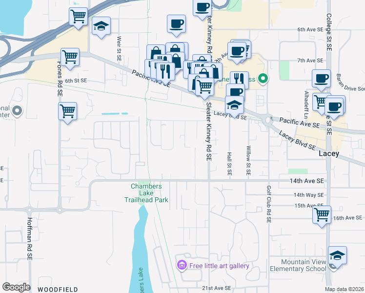 map of restaurants, bars, coffee shops, grocery stores, and more near 1214 Cora Street Southeast in Olympia