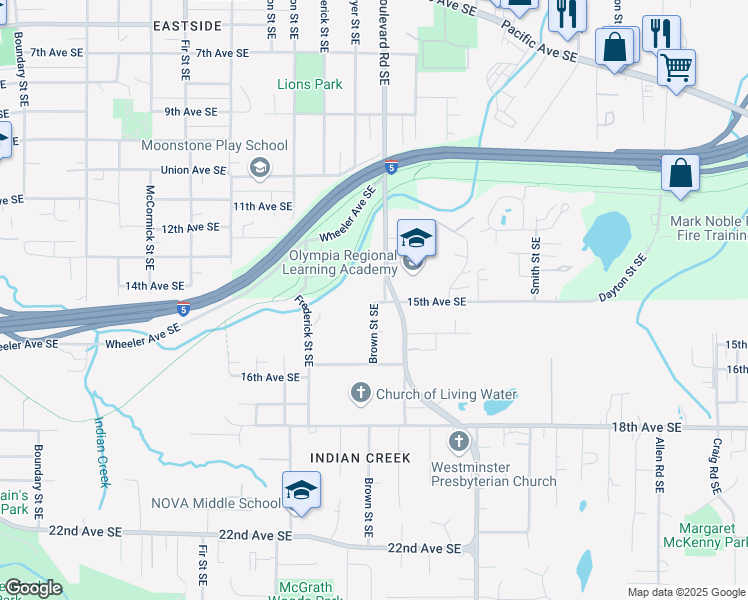 map of restaurants, bars, coffee shops, grocery stores, and more near 2222 15th Avenue Southeast in Olympia