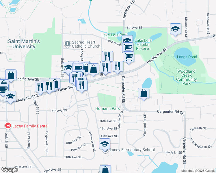 map of restaurants, bars, coffee shops, grocery stores, and more near 6116 Glen Mary Lane Southeast in Lacey