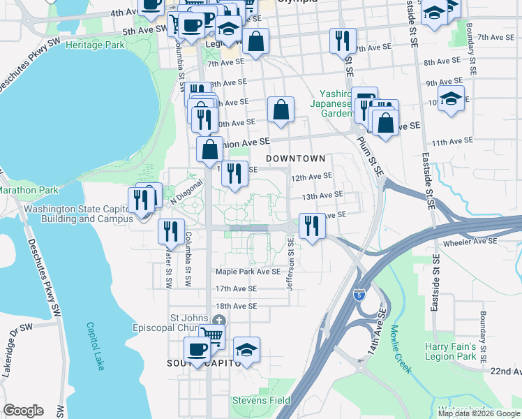 map of restaurants, bars, coffee shops, grocery stores, and more near 301 12th Avenue Southeast in Olympia