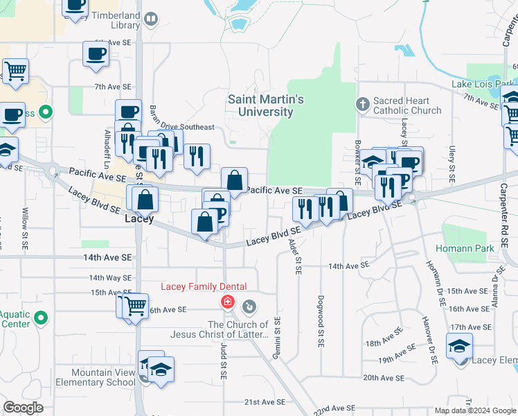 map of restaurants, bars, coffee shops, grocery stores, and more near 1231 Franz Street Southeast in Lacey