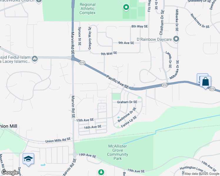 map of restaurants, bars, coffee shops, grocery stores, and more near 8525 Pacific Avenue Southeast in Olympia
