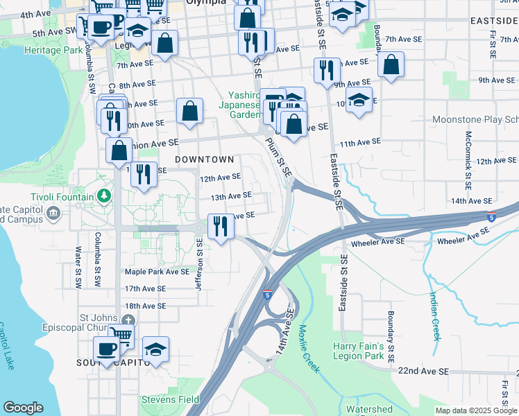 map of restaurants, bars, coffee shops, grocery stores, and more near 711 13th Avenue Southeast in Olympia