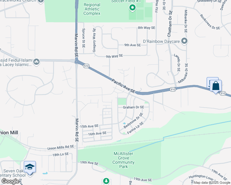 map of restaurants, bars, coffee shops, grocery stores, and more near 8525 Pacific Avenue Southeast in Olympia