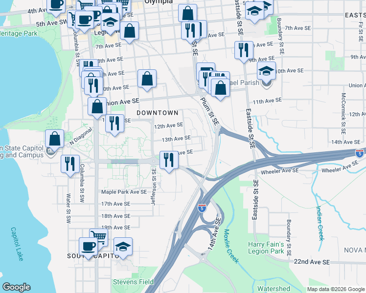 map of restaurants, bars, coffee shops, grocery stores, and more near 1315 Chestnut Street Southeast in Olympia