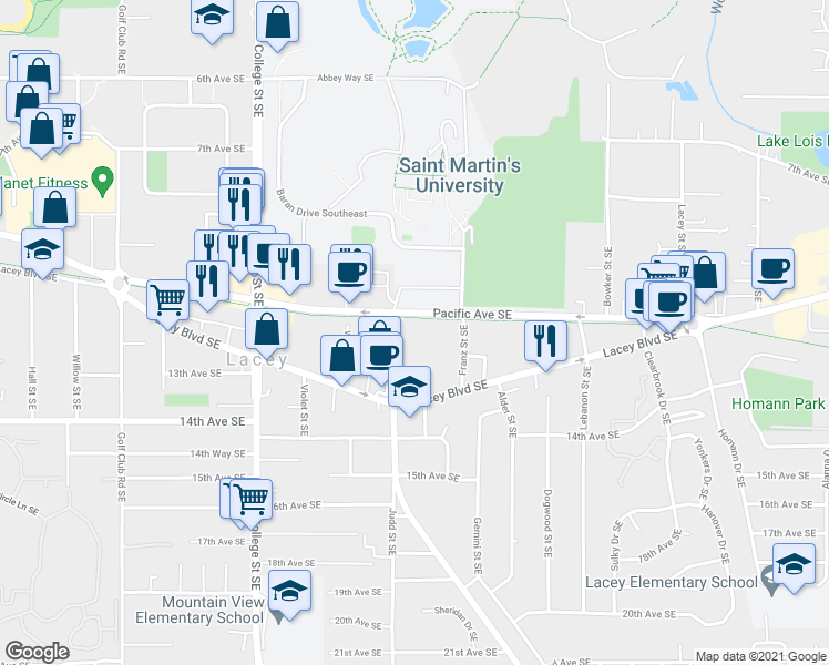 map of restaurants, bars, coffee shops, grocery stores, and more near 5001 Woodland Trail (Lacey) in Lacey
