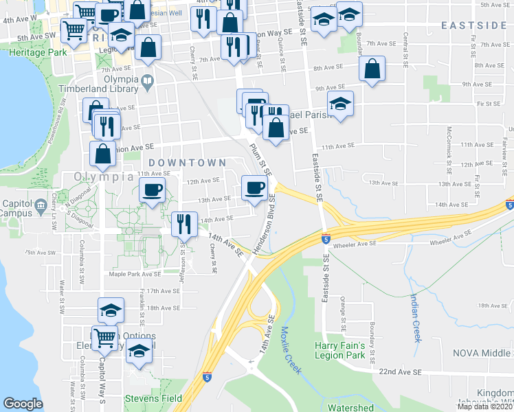 map of restaurants, bars, coffee shops, grocery stores, and more near 811 13th Avenue Southeast in Olympia