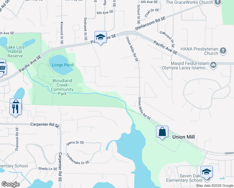 map of restaurants, bars, coffee shops, grocery stores, and more near 1135 Pacific Park Drive Southeast in Olympia