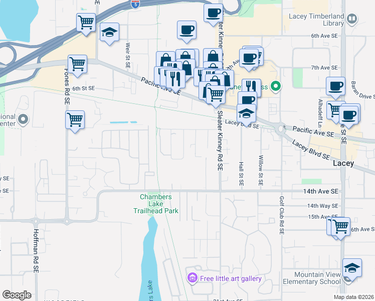 map of restaurants, bars, coffee shops, grocery stores, and more near 1214 Cora Street Southeast in Olympia