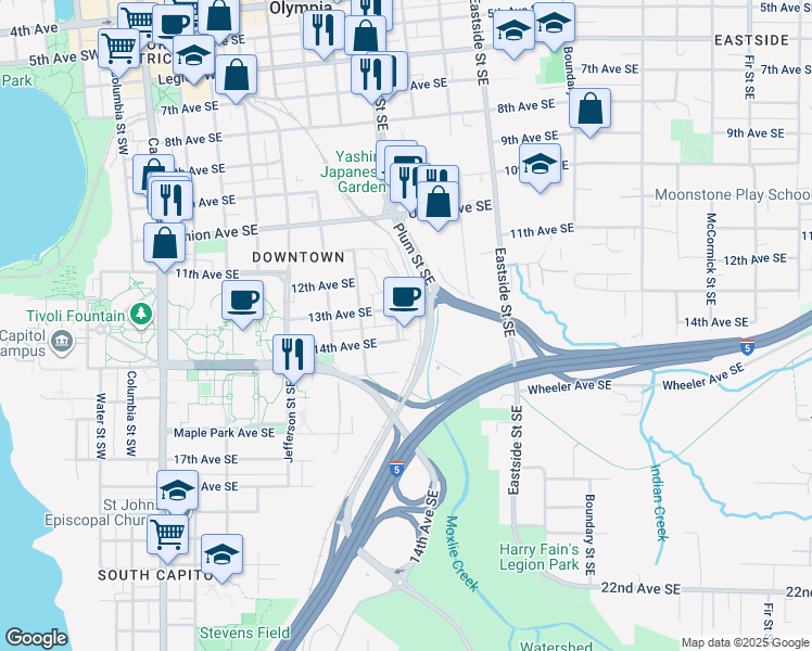 map of restaurants, bars, coffee shops, grocery stores, and more near 811 13th Avenue Southeast in Olympia