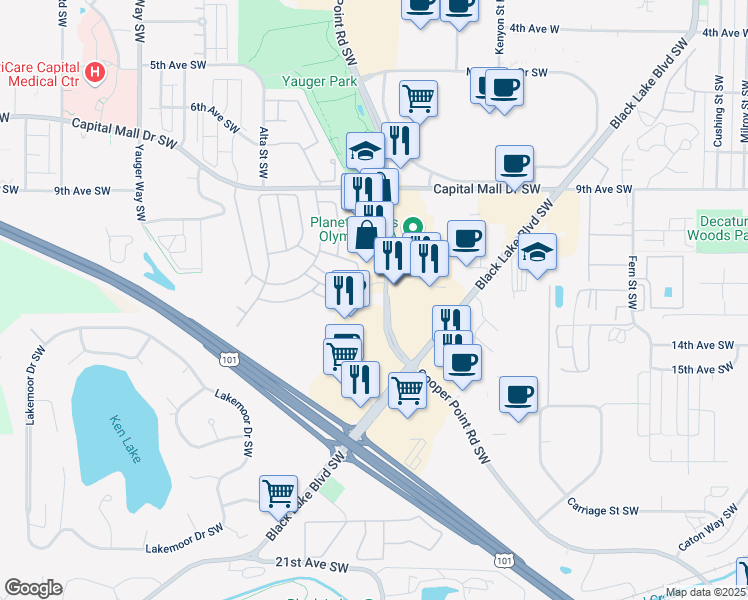 map of restaurants, bars, coffee shops, grocery stores, and more near 373 12th Avenue Southwest in Olympia