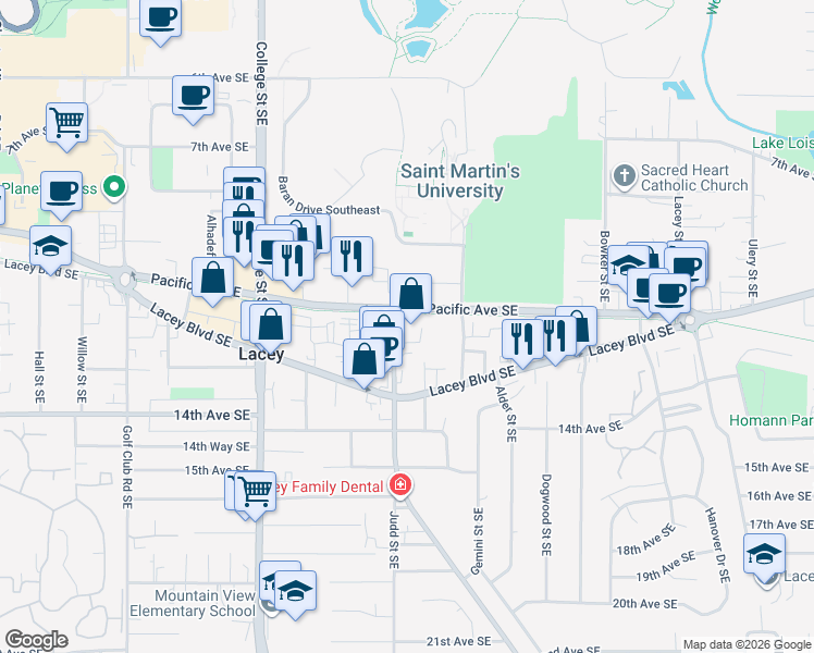 map of restaurants, bars, coffee shops, grocery stores, and more near 5001 Woodland Trail (Lacey) in Lacey