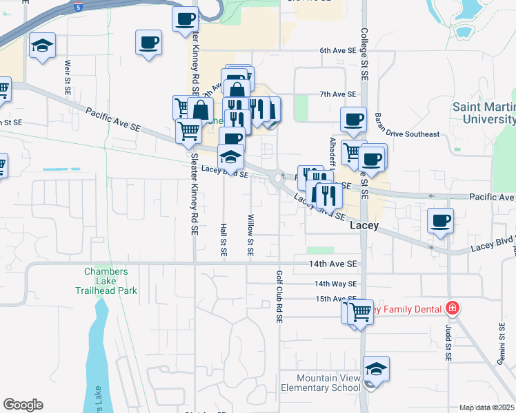 map of restaurants, bars, coffee shops, grocery stores, and more near 1212 Willow Street Southeast in Olympia