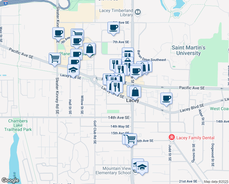 map of restaurants, bars, coffee shops, grocery stores, and more near 4514 Lacey Boulevard Southeast in Lacey