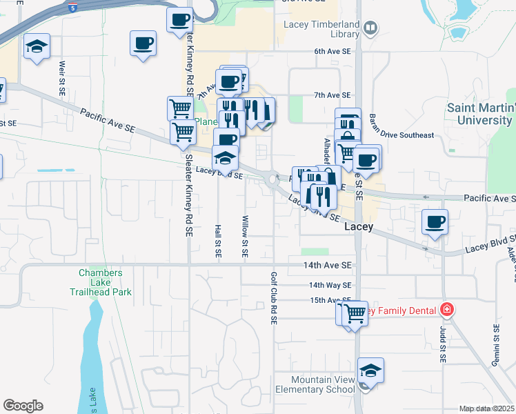 map of restaurants, bars, coffee shops, grocery stores, and more near 1117 Golf Club Road Southeast in Lacey