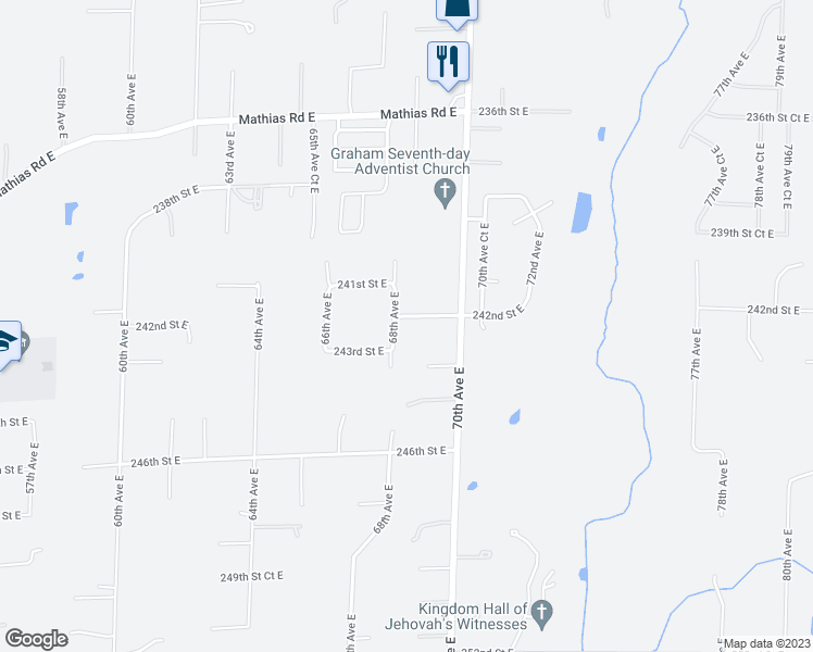 map of restaurants, bars, coffee shops, grocery stores, and more near 6810 242nd Street East in Graham