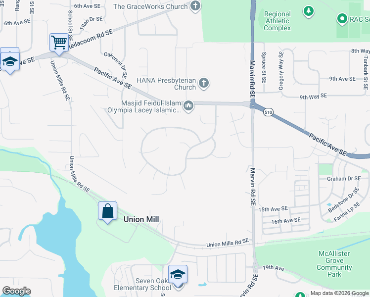 map of restaurants, bars, coffee shops, grocery stores, and more near 1221 Mountain-Aire Loop Southeast in Lacey