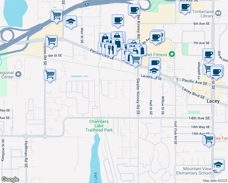 map of restaurants, bars, coffee shops, grocery stores, and more near 1214 Cora Street Southeast in Olympia