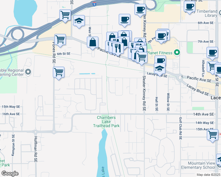 map of restaurants, bars, coffee shops, grocery stores, and more near 1213 Mary Lou Street Southeast in Olympia