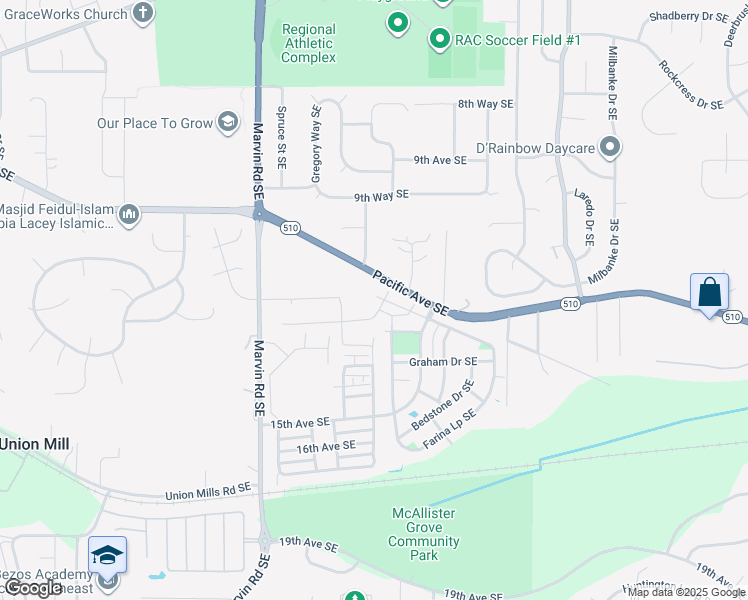 map of restaurants, bars, coffee shops, grocery stores, and more near 8525 Pacific Avenue Southeast in Olympia