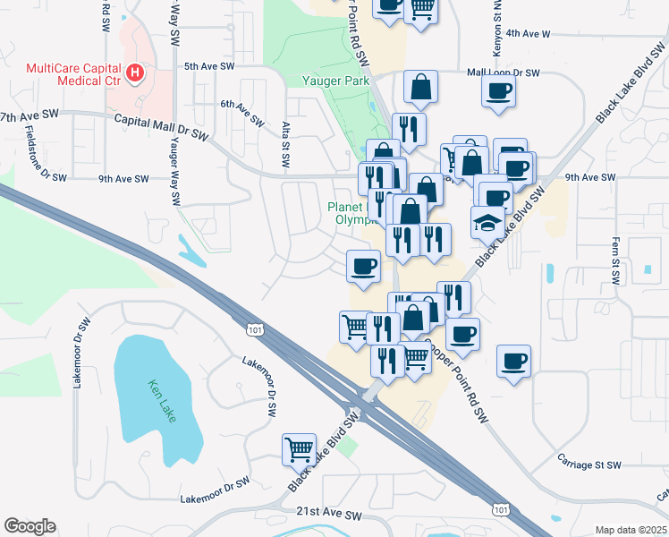 map of restaurants, bars, coffee shops, grocery stores, and more near 1111 Archwood Drive Southwest in Olympia