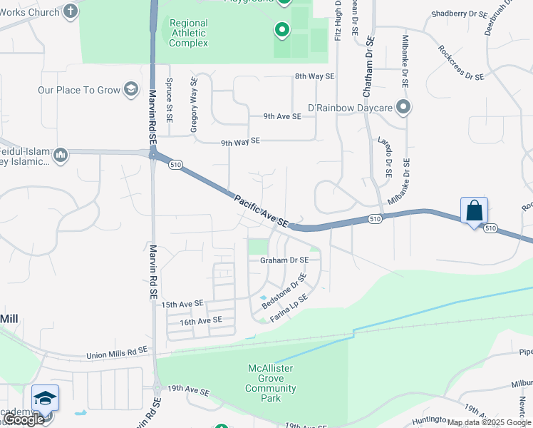 map of restaurants, bars, coffee shops, grocery stores, and more near 8527 Pacific Ave SE in Olympia