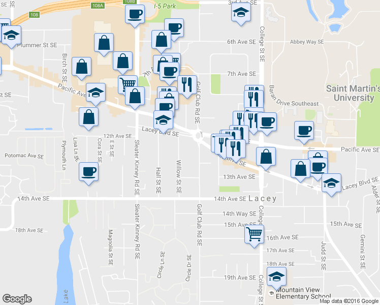 map of restaurants, bars, coffee shops, grocery stores, and more near 1117 Golf Club Road Southeast in Lacey