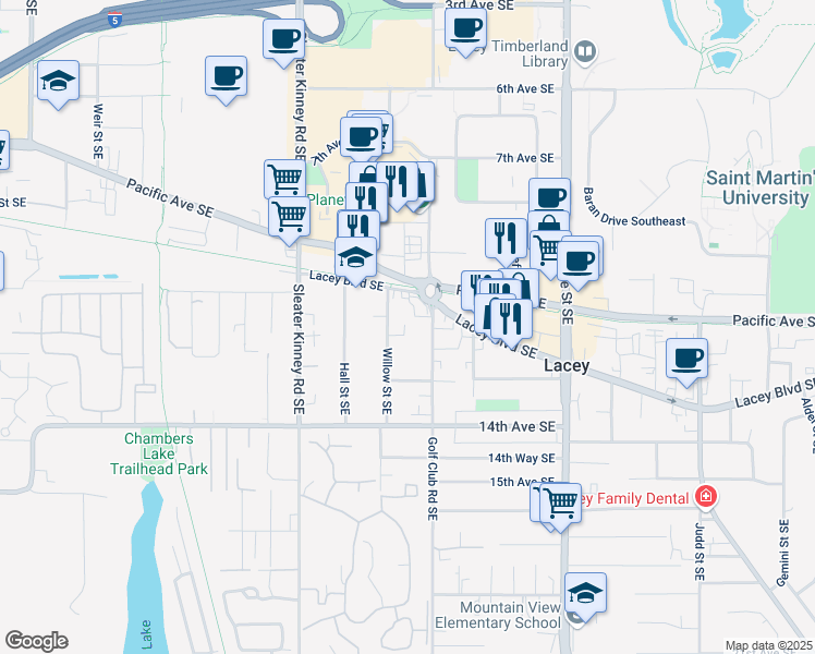 map of restaurants, bars, coffee shops, grocery stores, and more near 1117 Golf Club Road Southeast in Lacey
