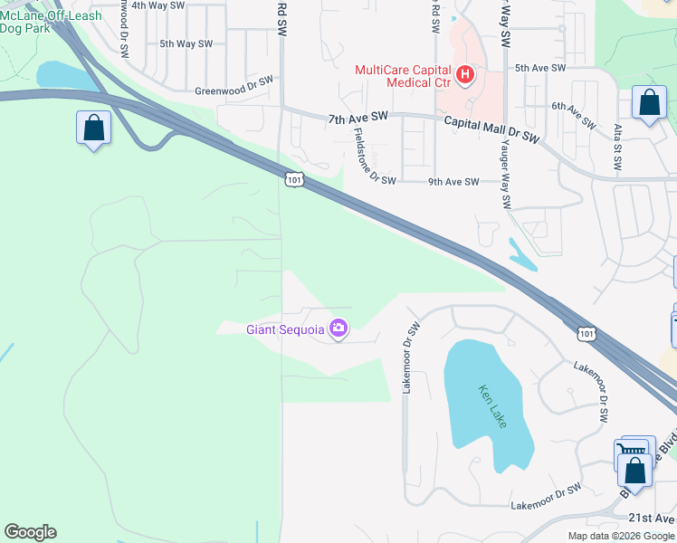 map of restaurants, bars, coffee shops, grocery stores, and more near 1216 Kaiser Road Southwest in Olympia