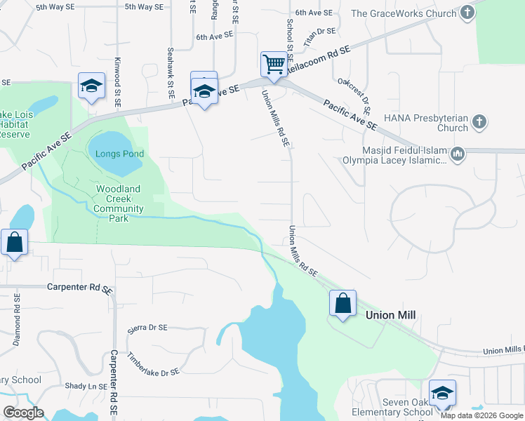 map of restaurants, bars, coffee shops, grocery stores, and more near 7333 12th Court Southeast in Olympia