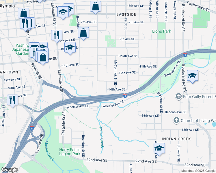 map of restaurants, bars, coffee shops, grocery stores, and more near 1316 Lybarger Street Southeast in Olympia