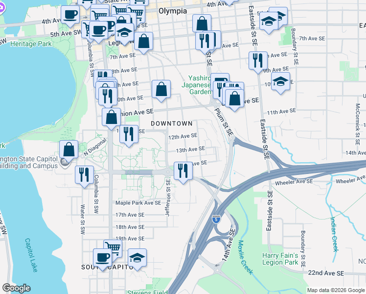 map of restaurants, bars, coffee shops, grocery stores, and more near 520 13th Avenue Southeast in Olympia