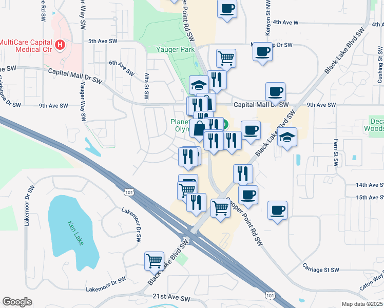 map of restaurants, bars, coffee shops, grocery stores, and more near 373 12th Avenue Southwest in Olympia