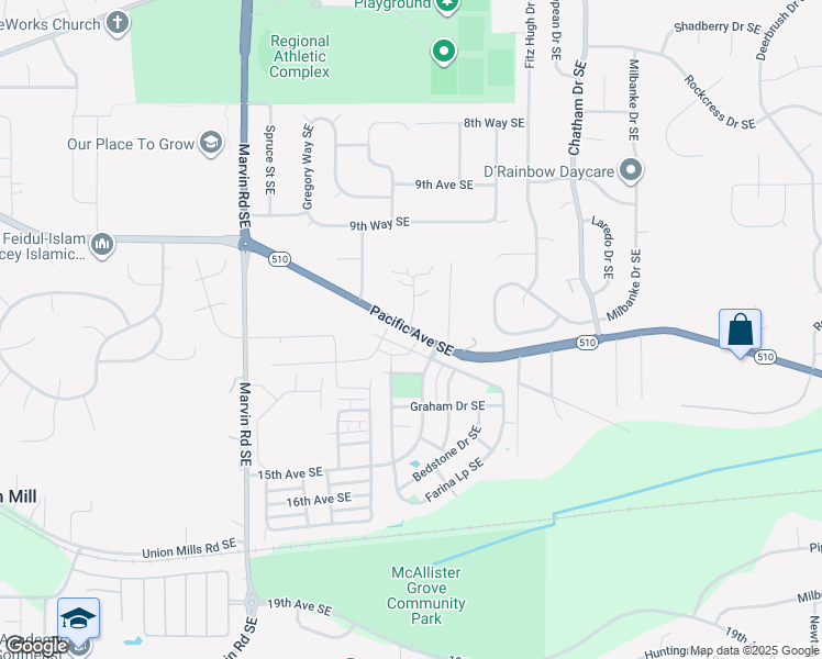 map of restaurants, bars, coffee shops, grocery stores, and more near 8527 Pacific Avenue Southeast in Olympia