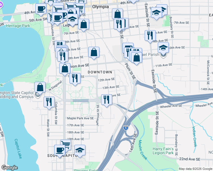 map of restaurants, bars, coffee shops, grocery stores, and more near 520 13th Avenue Southeast in Olympia