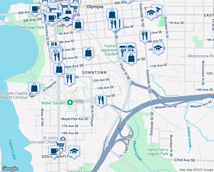 map of restaurants, bars, coffee shops, grocery stores, and more near 614 13th Avenue Southeast in Olympia