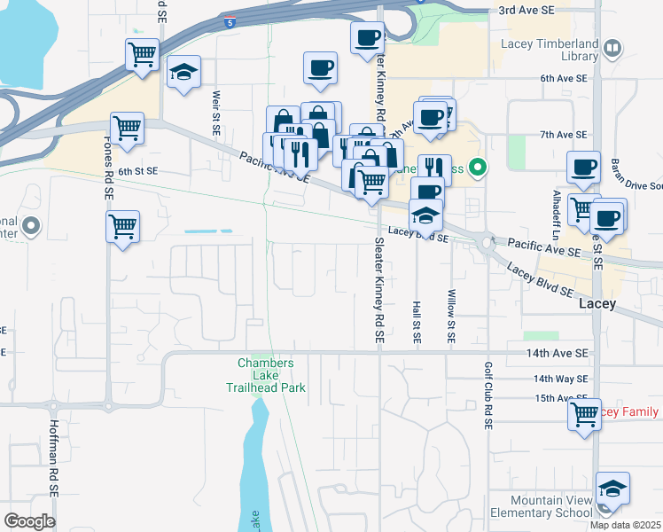 map of restaurants, bars, coffee shops, grocery stores, and more near 1214 Cora Street Southeast in Olympia