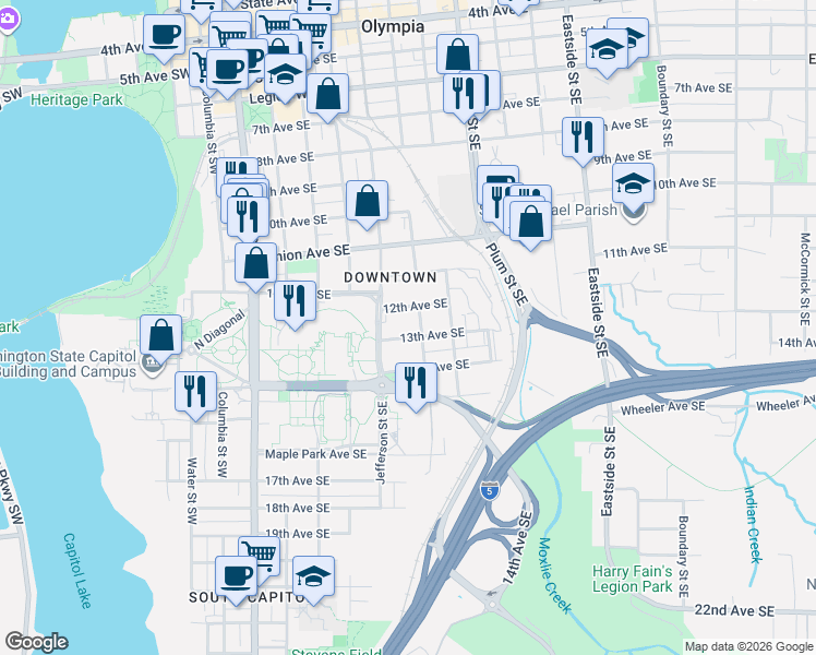 map of restaurants, bars, coffee shops, grocery stores, and more near 520 13th Avenue Southeast in Olympia