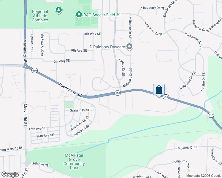 map of restaurants, bars, coffee shops, grocery stores, and more near 8941 Milbanke Drive Southeast in Olympia