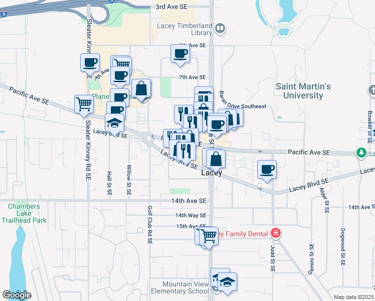 map of restaurants, bars, coffee shops, grocery stores, and more near 4514 Lacey Boulevard Southeast in Lacey