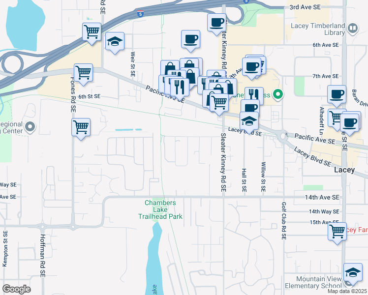 map of restaurants, bars, coffee shops, grocery stores, and more near 1214 Cora Street Southeast in Olympia