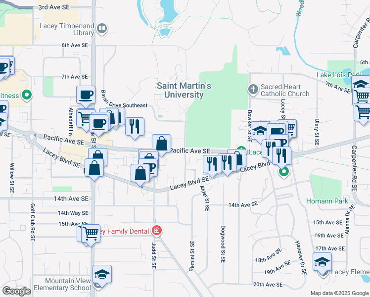 map of restaurants, bars, coffee shops, grocery stores, and more near 1231 Franz Street Southeast in Lacey